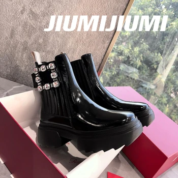 2023 JIUMIJIUMI/ най-Новите зимни ботильоны от естествена кожа ръчно изработени, Дамски обувки 
