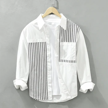 2023 Есенни Нови Бели шарени ризи в стил мозайка за мъже, Ежедневни памучни блузи с дълъг ръкав, Мъжки риза с отложным яка и копчета