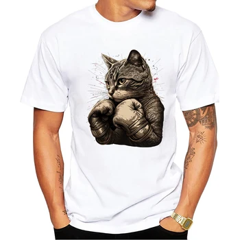 2023 Мъжки Нова тениска с изображение на коте-боксьор и забавна котка с къс ръкав, стръмни върхове с принтом, Хипстерская тениска
