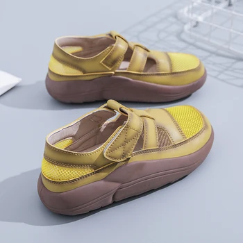 Baotou/ Модни дишащи сандали от фина выдолбленной мрежа с дебело дъно, леки и удобни спортни плажни сандали с нескользящими дупки