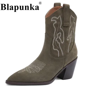 Blapunka Размер 33-42, Дамски ботуши в западен стил от волска кожа, велур, Каубойски ботуши с ръчна бродерия, Обувки на масивна обувки, Дамски обувки Есен-зима