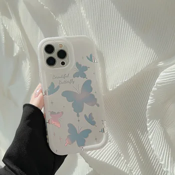Cartoony сладък розов калъф за мобилен телефон с лазерна пеперуда за iPhone 14 13 12 11 Pro Max PLUS с прозрачен кант, удароустойчив корпус