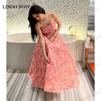 LINDO NOIVA Розови Вечерни рокли на спагети презрамки Трапецовидна форма с 3D цветя, Рокли за абитуриентски бал, Дълга вечерна рокля от Саудитска Арабия 2023, Жена