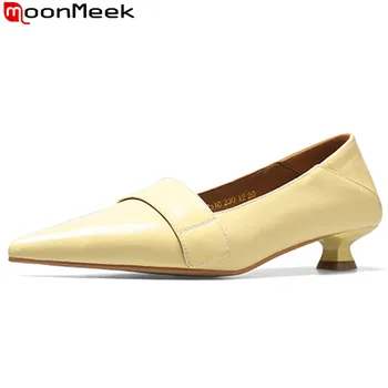 MoonMeek/ 2023, Размери 32-44, Нови тънки обувки от естествена кожа без закопчалка, обувки-лодка на средно гъст токчета, Елегантни дамски модел високи обувки с остри пръсти