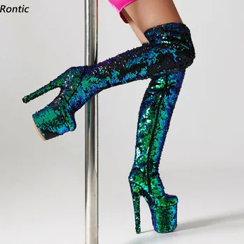 Rontic/ Нови дамски зимни ботфорты над коляното на много висок ток с кръгла пръсти, красиви сребристо-зелена обувки за ходене, размерът на САЩ 4-10,5