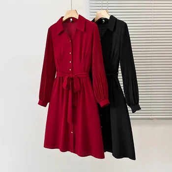 SuperAen, Дамски дрехи, Есен 2023, Нова мода, трапециевидное Червено Черно офис Женствена рокля