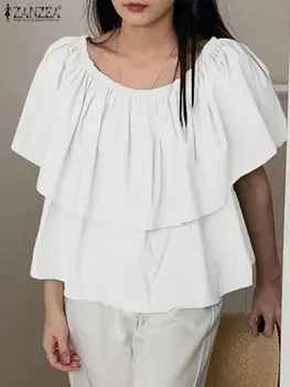 ZANZEA/ Летни Блузи в Корейски стил с открити Рамене, Блузи с къс ръкав, Дамски Модни Туника, Потници, Луксозни Многопластови Обикновена Риза С Къдри