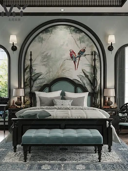 Американската светла луксозна дървена легло от френска сметана кожа модерна проста европейската спалня за съхранение на тиха сватба легло