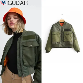 Градинска дамски къс яке, модерен бомбер джоб с дълги ръкави, ретро-якета, дамско палто, есен-зима 2023, Нова дамски дрехи