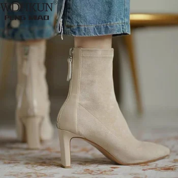 Дамски обувки на висок ток; новост 2023 г.; есенно-зимни ботуши на среден ток в корейски стил; дамски ботуши с остри пръсти
