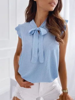 Елегантна дамска риза на точки с лък, летен яка-часова рецепция, модерен сладки ризи без ръкави за жени 2022, ежедневни сини върхове Femme