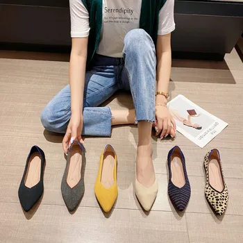 Есенни Плетени обувки на плоска подметка с остри пръсти, за жени, Леопардовая Удобна Балет Обувки Zapatillas De Mujer, Пешеходната Обувки, Меки Лоферы