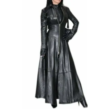 Жена Черен Кожен Тренч в стил Пънк, Готик Дълга Козина, Европейски и американски Моден Тренд