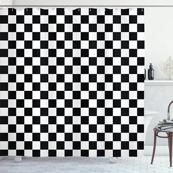 Завеса за душ с модел на шахматна дъска модел Геометрична мрежа на черно-бели квадрати Завеса за душ от непромокаем плат Декор баня с куки