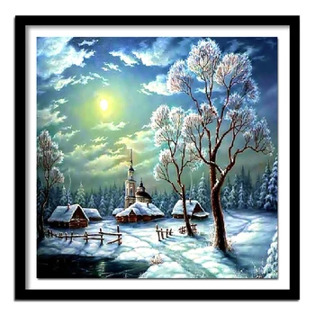 Зимен пейзаж, диамантена живопис, бродерия, Коледен сняг нощен пейзаж, мъниста, комплект за бродерия на кръстат бод, декорация на стените у дома