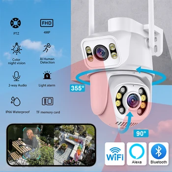 Камера за 4K WiFi с две лещи и двоен екран, автоматично следене на Ai Human Detect, Безжична камера за външно наблюдение Подкрепя NETIP