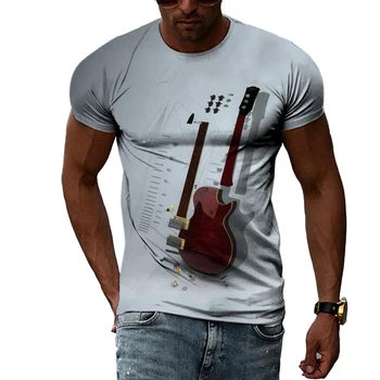 Летен Моден Креативен начин, Мъжки t-shirt, Стръмни Топ с кръгло деколте и къс ръкав, Музикален инструмент Китара, Инструмент за играта на Пламъка