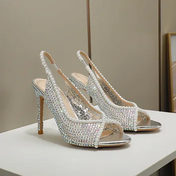 Луксозни дизайнерски обувки ръчна изработка на обувки с високи токчета, бели перлени сандали на висок ток с рибено уста За банкет, сватбени партита