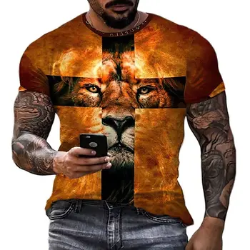 Лятна Мъжка тениска с принтом на главата на крал Лъв с кръгло деколте, творчески топ с 3D забавно принтом Лъв, много голяма риза с къс ръкав, бързо сохнущая