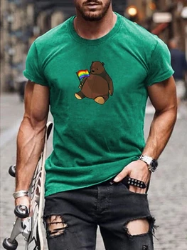 Лятна Мъжки Ежедневни тениска с кръгло деколте и къс ръкав с принтом 2023, Мъжка тениска с образа на Мечка и Рейнбоу банер, тениски С 3D принтом