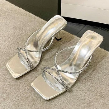 Лятна Нова Мода Дамски обувки, Кристали и Чехли на висок ток, Банкетни Обувки с квадратни пръсти, Чубрица обувки на висок ток, дамски обувки на висок ток