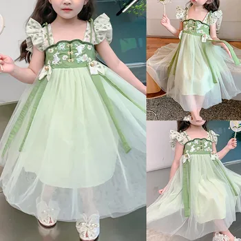 Лятото Зелена рокля с летящими ръкави за момичета, Скъпа мультяшная бродерия с цветен Модел, Окото ред, Модно Принцеса рокля в ретро стил За момичета, размери От 8 до 5 години
