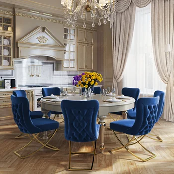 Модерен стол с маса за хранене, златна тапицерия Ottomanson Imperial, комплект от 2 стола, синьо