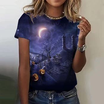 Модерна дамска тениска от колекцията Хелоуин Прилеп с графичен 3D Принтом, Къс ръкав, Летни Дрехи от полиэстерового Влакна голям размер
