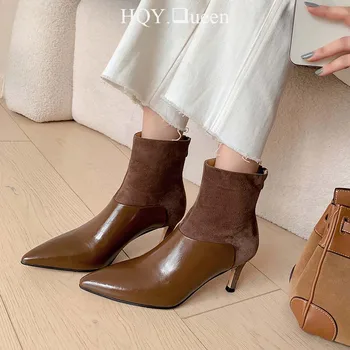 Модерни дамски ботуши на ток 2023, Есенен дамски обувки от естествена кожа, За жени, лодки, Ботильоны в западен стил, с остри пръсти, Обувки