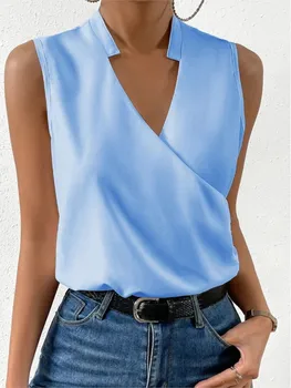 Модни нерегулярная однотонная тениска без ръкави, с V-образно деколте, приталенные шик дамски блузи на бретелях 2023, Лятна елегантен дамски офис градинска облекло