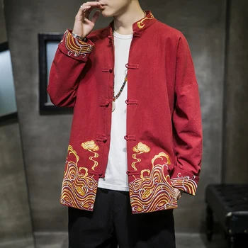 Мъжки дрехи в китайски стил, Пролет-лято памук спално бельо, якета за мъже, яке с бродерия в стил Тан, Модерно ленено палто Hanfu