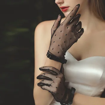 Нови ръкавици за сватбената рокля на булката от еластичен сатен, прости черно-бели ръкавици с лък снимка