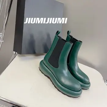 Новост 2023 г., JIUMIJIUMI/ ръчно изработени Обувки, дамски обикновена обувки от естествена кожа, с кръгли пръсти, Лаконичен обувки на платформа с еластична гумена лента