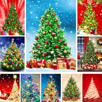 Пейзаж Коледно Дърво, Раскрашенная по номера на Маслени бои 40*50, Картина в стаите за гости, Снимки, Декоративни картини за деца, Ръчна изработка
