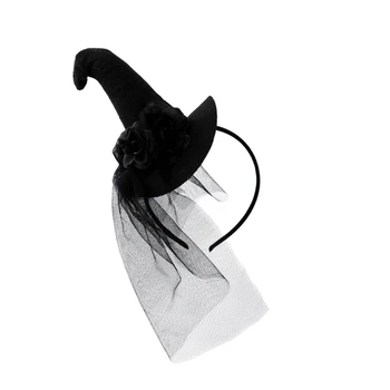 Превръзка на главата за парти в чест на Хелоуин, тъканно шапка вещица и обръч за коса с черен воал за възрастни и тийнейджъри