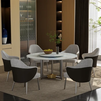 Просто комбинация от масата за хранене и стол за домашна употреба, кръгла маса от неръждаема стомана, изработен от поликристален камък