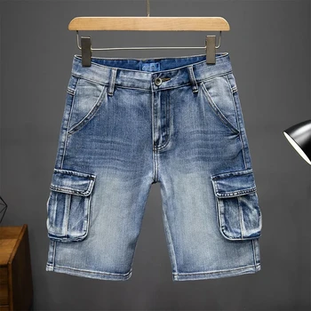 Пятиточечные дънкови къси панталони с много джобове, мъжки свободни скъсяване на панталони големи размери, летни улични шорти-карго с тънка цепка, мъжки