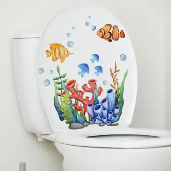 Растения, Риба, Стикер на тоалетна, самозалепващи етикети на капака за декора на банята, ярки зелени листа от растения, Мультяшная стена за тоалетна