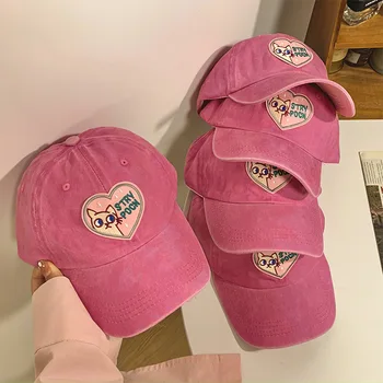 Сладка шапка с кошачьим козирка, модерни розови шапки с бродерия Ins, улични шапки в стил хип-хоп, тенденция на възстановяване на предишното положение