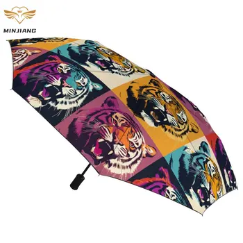Тигър 8 Ribs Автоматичен Чадър в стил Меми в стил Поп-арт, лесен чадър, Ветрозащитное черно палто, чадъри за мъже и жени