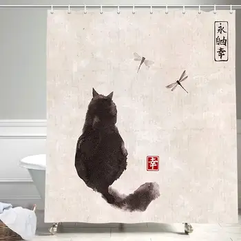 Традиционната японска живопис туш в Азиатски стил, Завеса за душ, Черна котка, наблюдающая за Стрекозами на пури в ограничени бройки филтър занавесках за баня