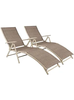Шезлонги Vineego за двор, Комплект от 2 плажни Регулируеми шезлонги, Сгъваеми столове край открития басейн, бежов